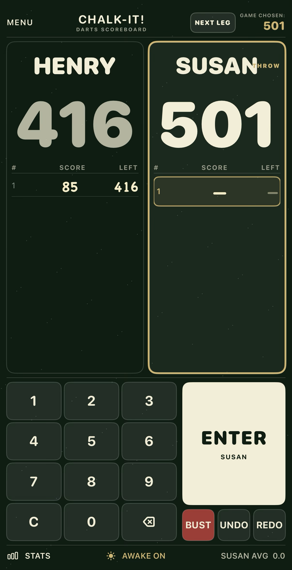 Chalk-it! two-player scoring screen showing Henry and Susan on a traditional green darts chalkboard